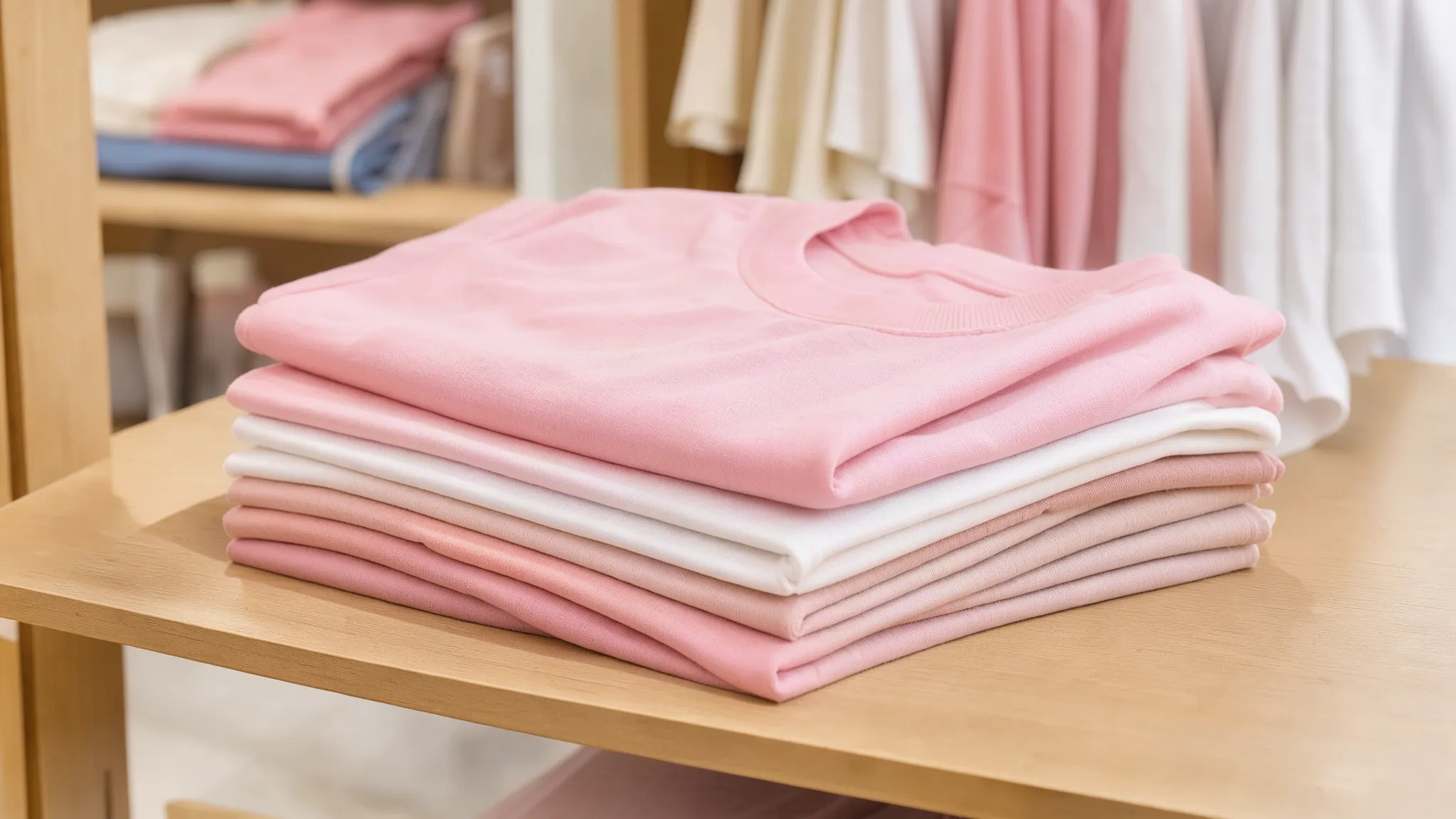 Pile de t-shirts assortis pastel en boutique