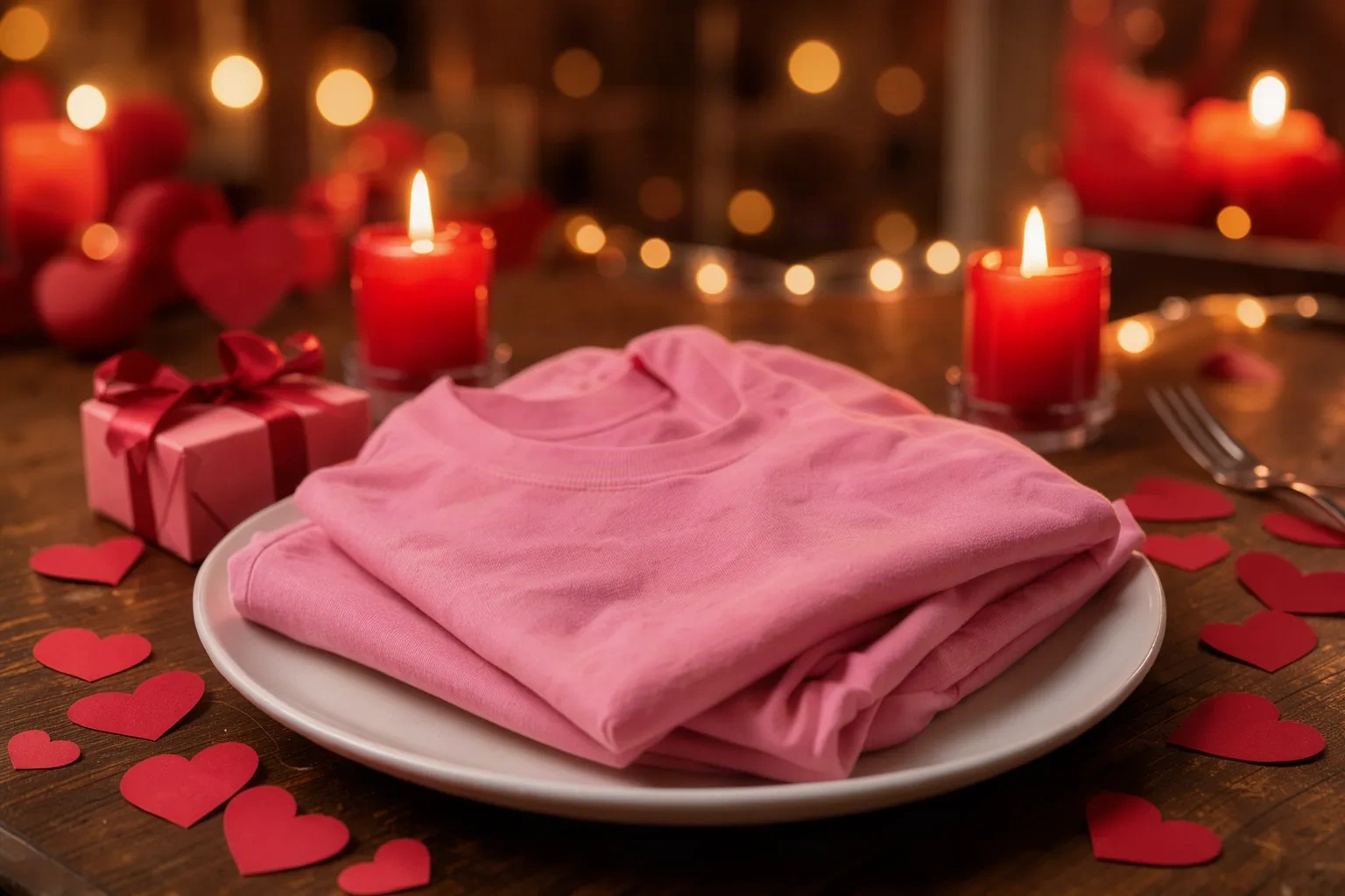 Table stylée pour la Saint-Valentin avec t-shirts roses, bougies et cœurs