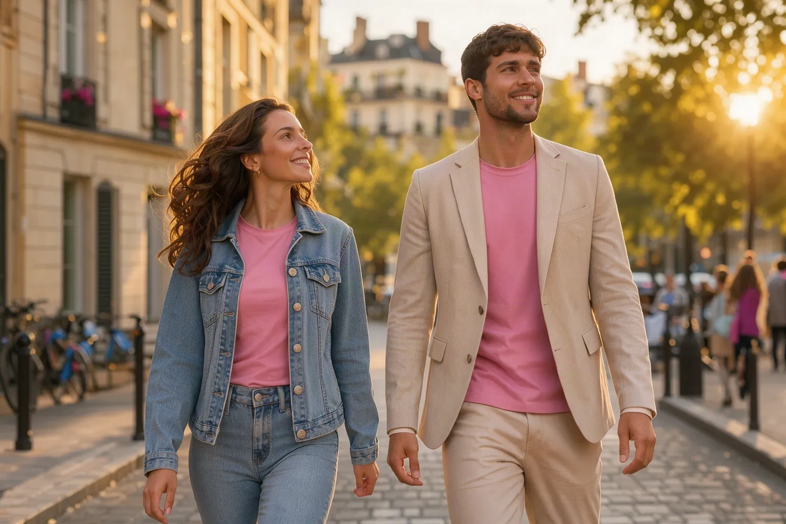 Couple élégant en tenues coordonnées dans une rue parisienne