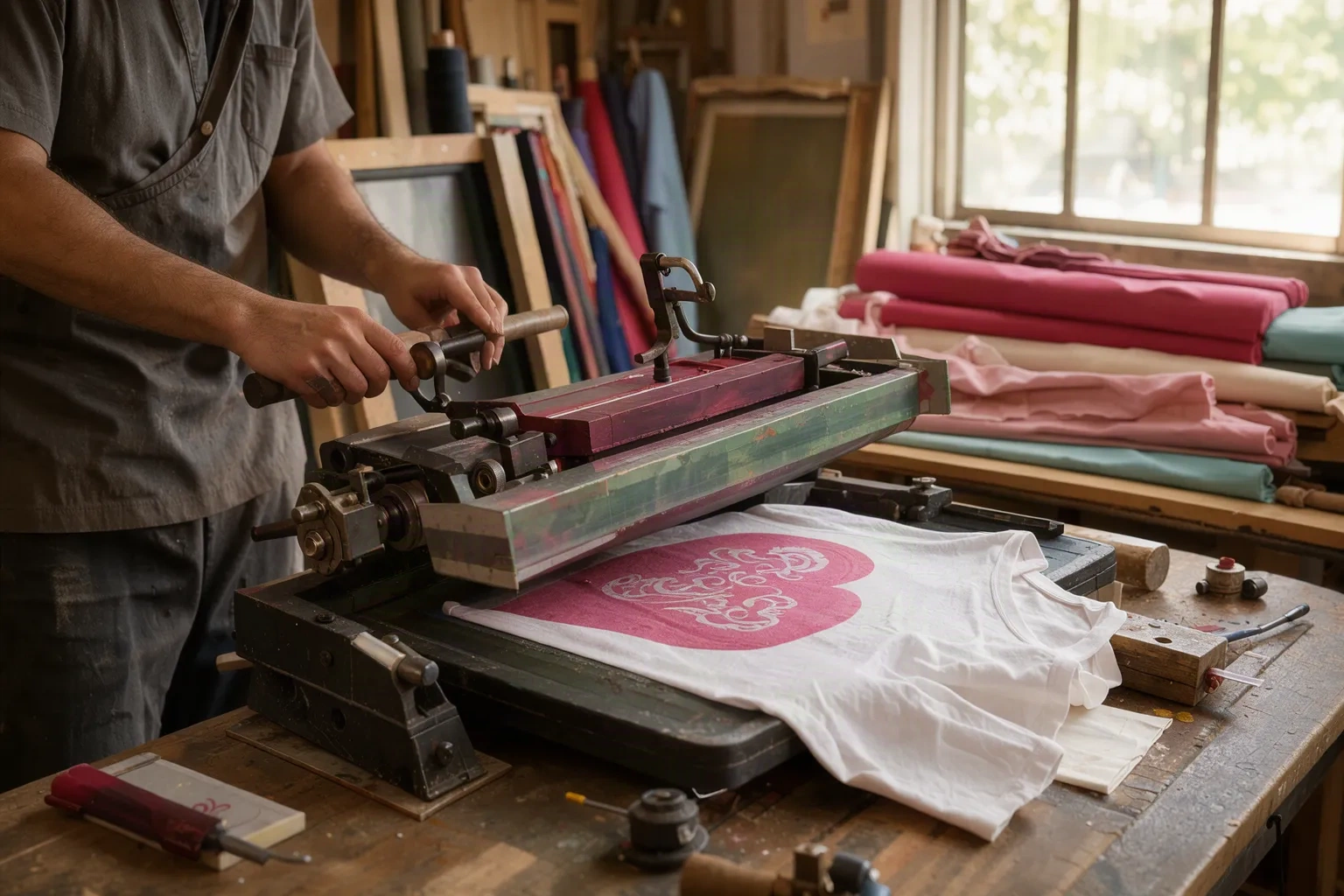 Impression artisanale d'un cœur rose sur un t-shirt dans notre atelier