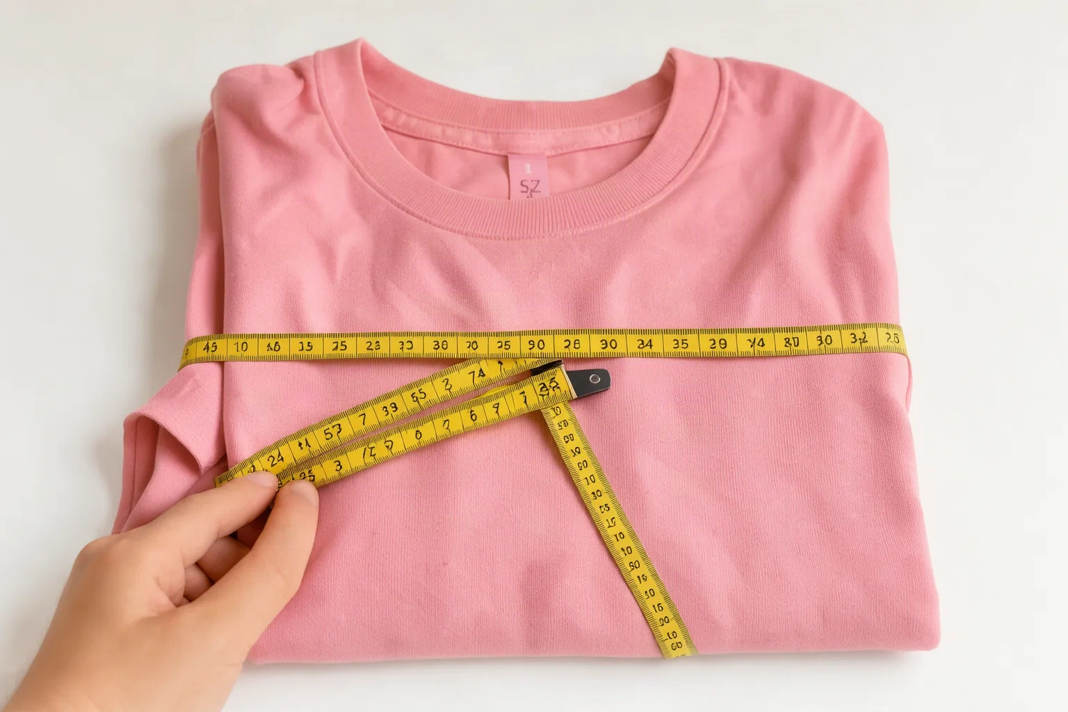 Prise de mesure d'un t-shirt rose avec un mètre ruban